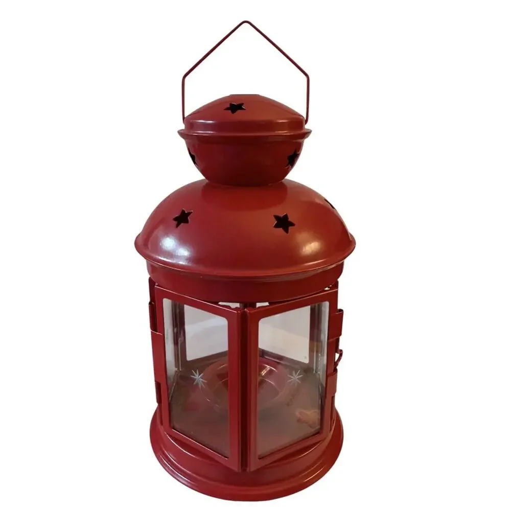 IKEA Rotera Lantern Red Tea Light Candle Holder Metal Glass Hanging Star Cutouts